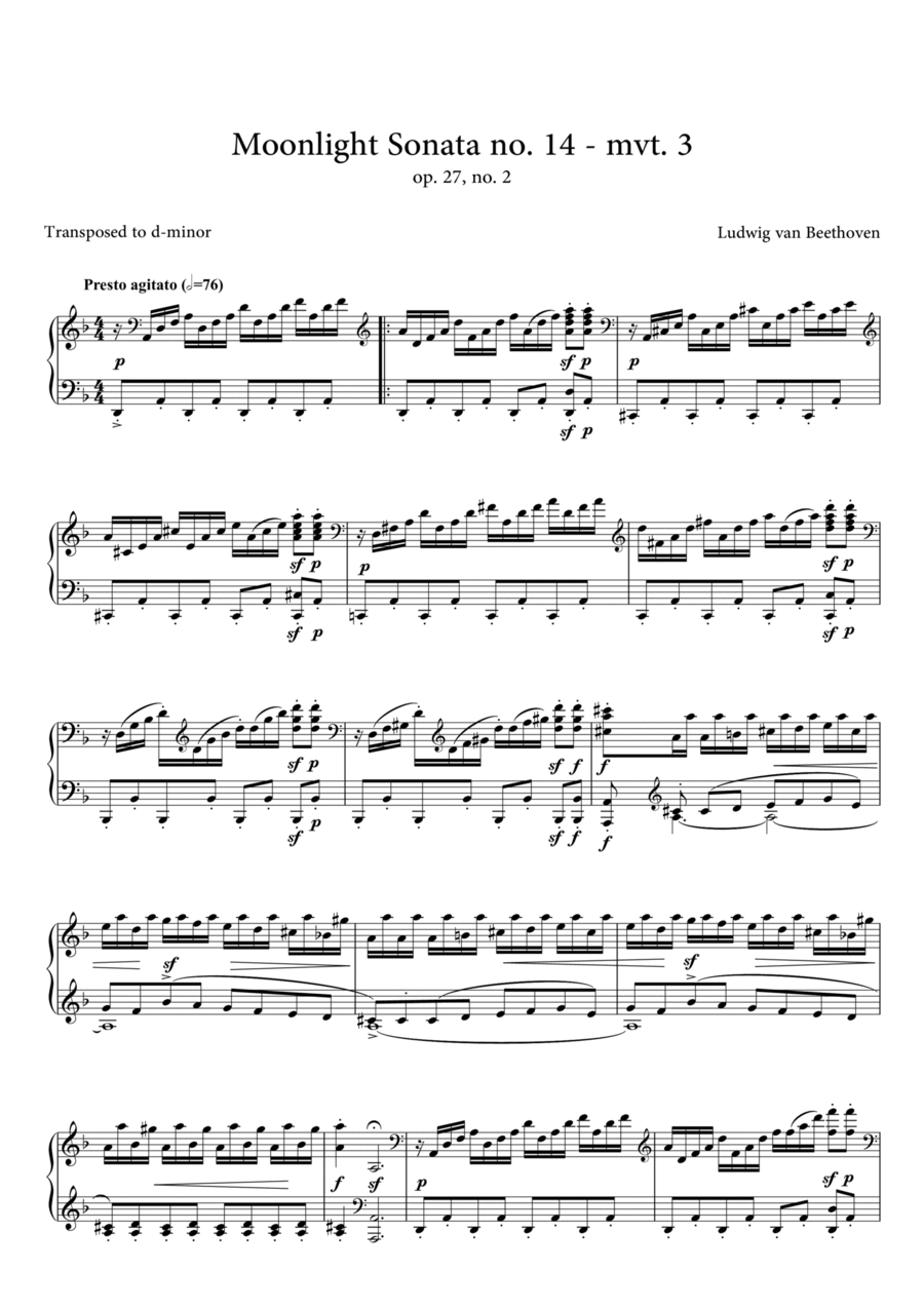 Moonlight Sonata Transposed to D minor - 3 mvt. Piano Solo scores gallery preview page 1