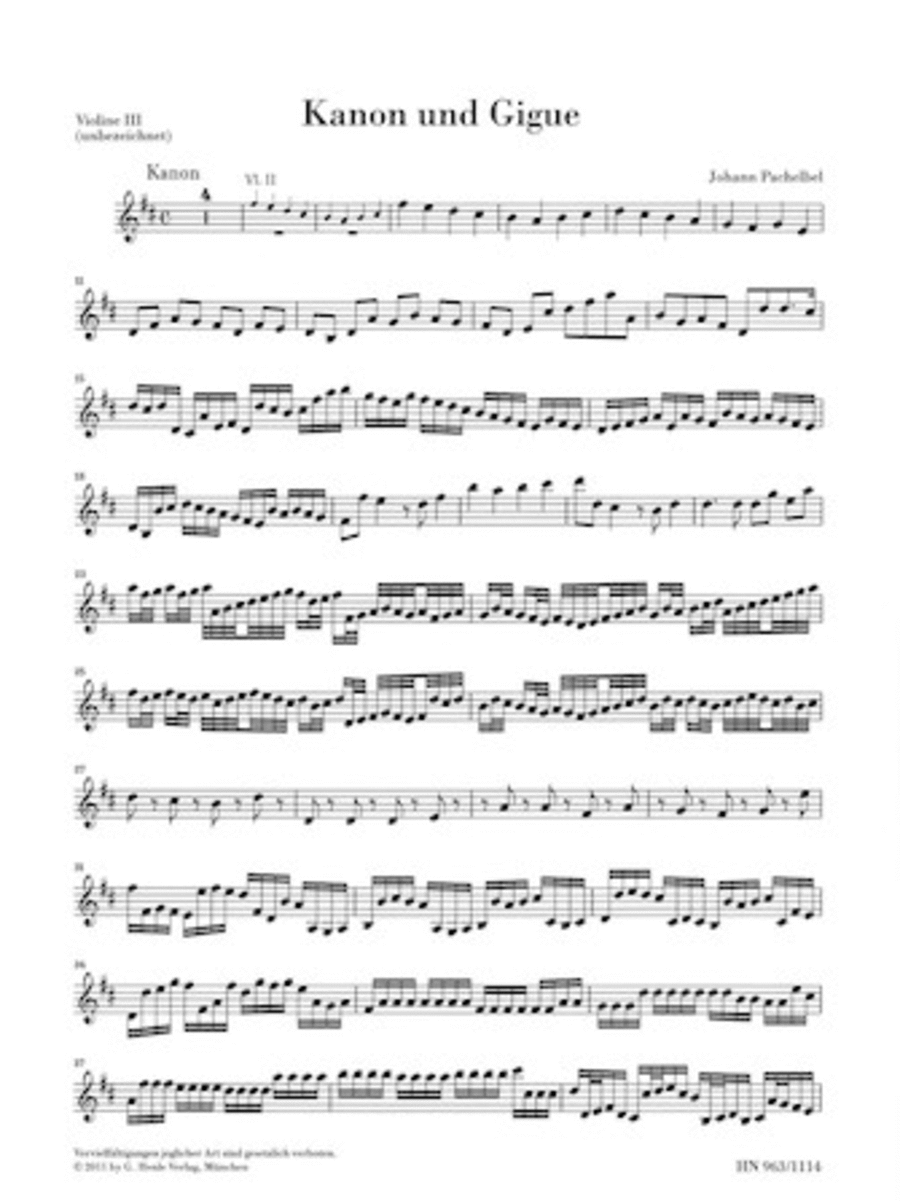 Canon and Gigue for Three Violins and Basso Continuo in D Major Violin scores gallery preview page 1