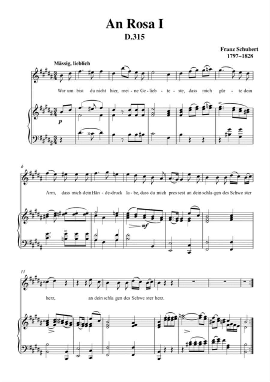 Schubert-An Rosa I(To Rosa),D.315 in B for Vocal and Piano Voice scores gallery preview page 2