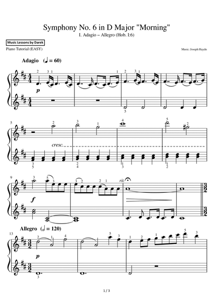 Symphony No. 6 in D Major "Morning" (EASY PIANO) I. Adagio – Allegro (Hob. I:6) [Joseph Haydn] image number null