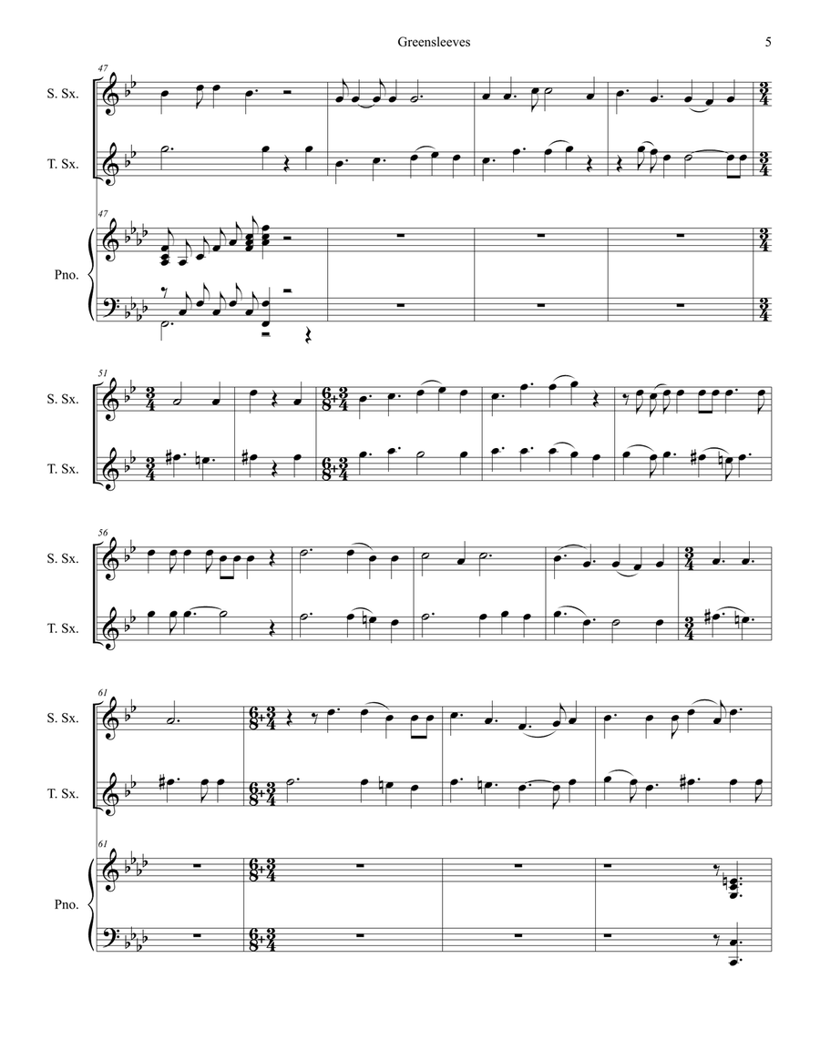 Greensleeves (Duet for Soprano and Tenor Saxophone) Woodwind Duet scores gallery preview page 5