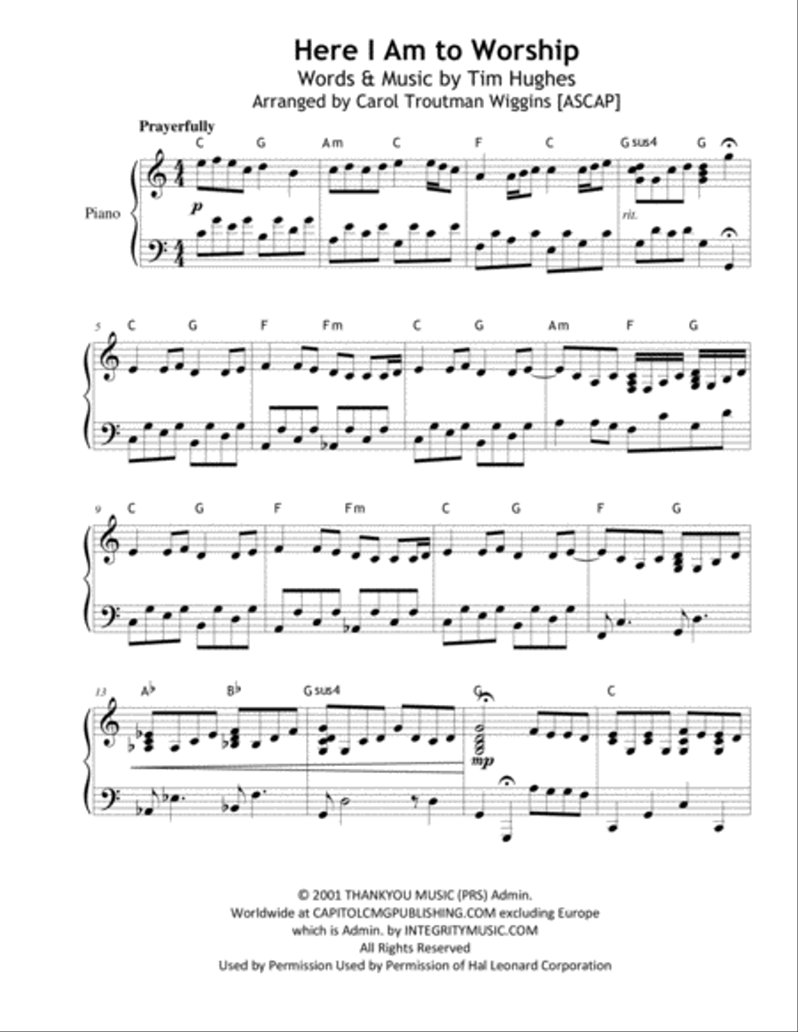Here I Am To Worship Piano Solo scores gallery preview page 1