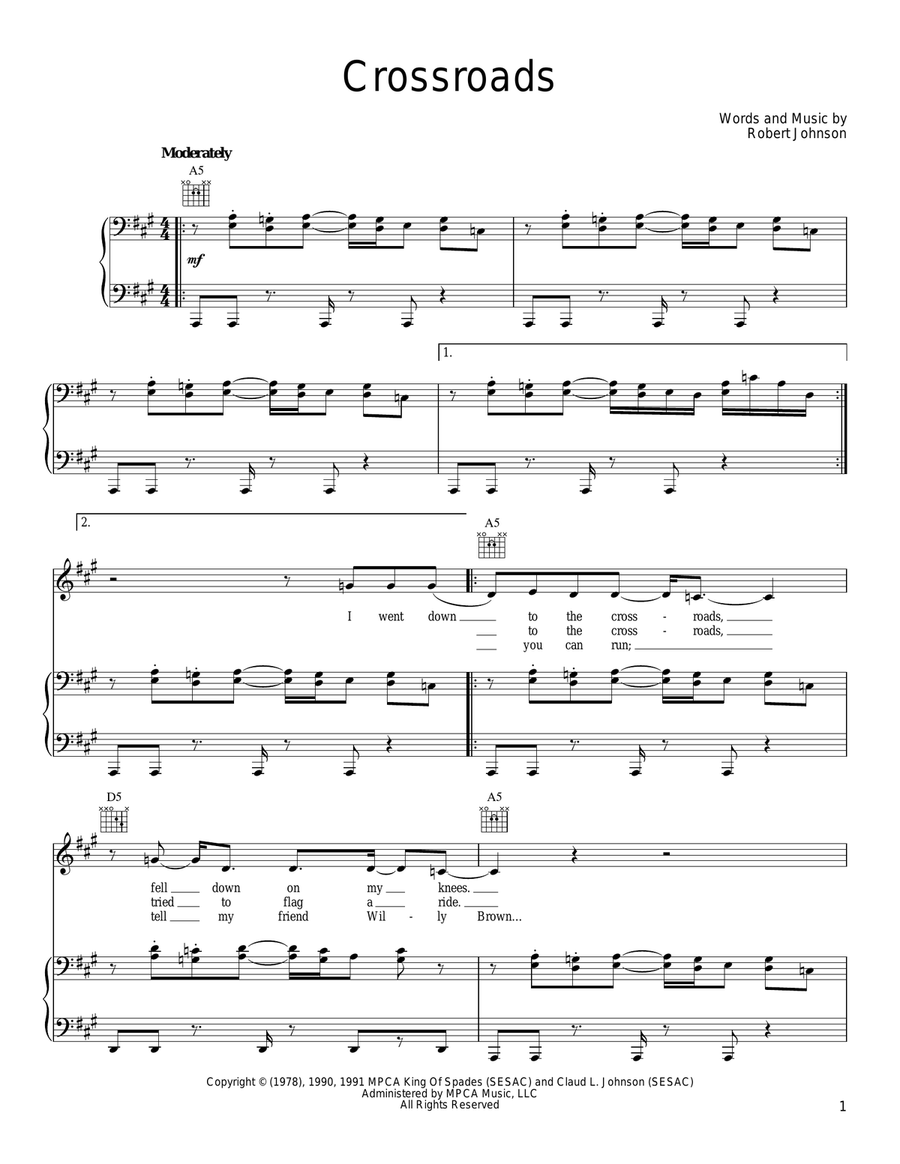 Cross Road Blues (Crossroads) Piano, Vocal, Guitar scores gallery preview page 1