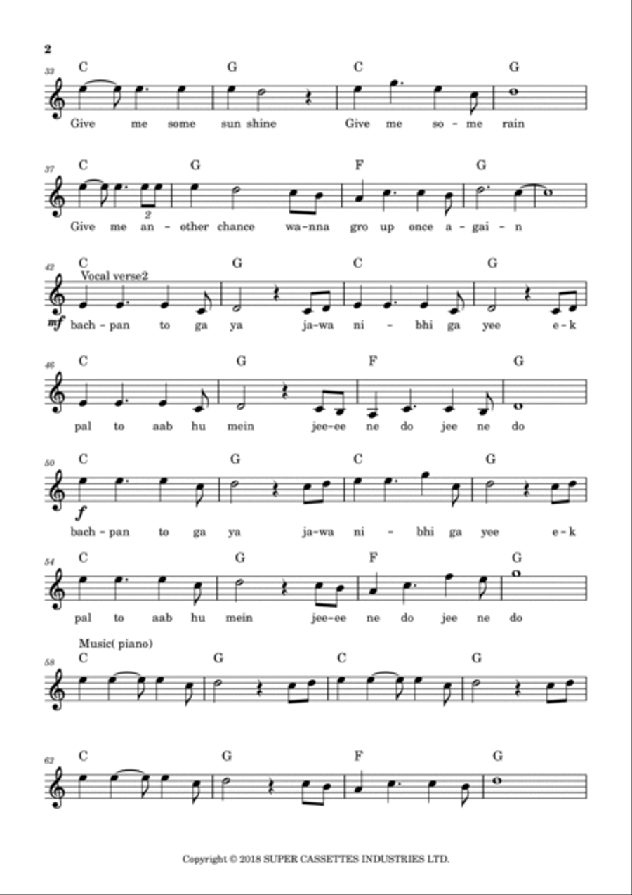 Give Me Some Sunshine Easy Piano scores gallery preview page 2