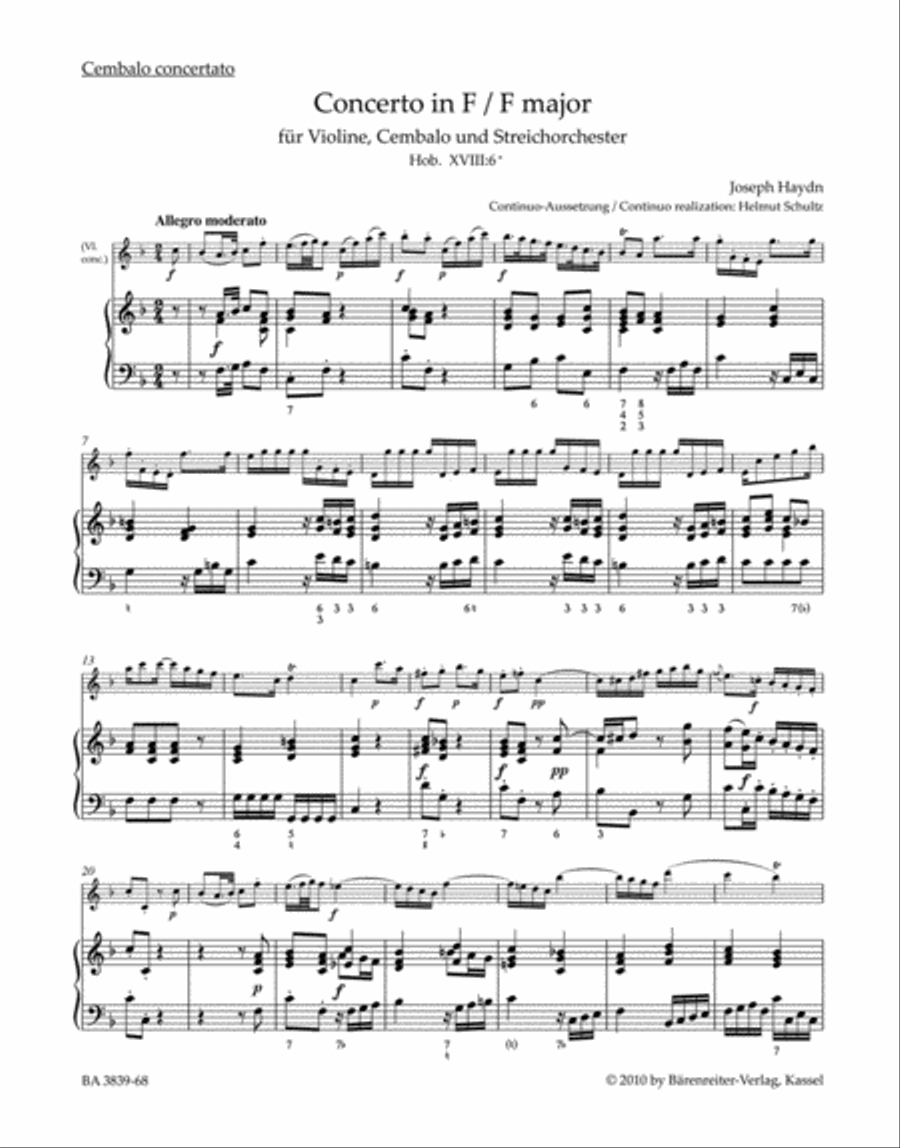 Concerto for Violin, Harpsichord and Strings F major Hob XVIII:6* Violin Solo scores gallery preview page 1