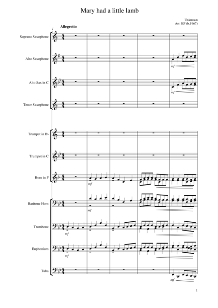 Mary had a little lamb Brass Ensemble scores gallery preview page 1
