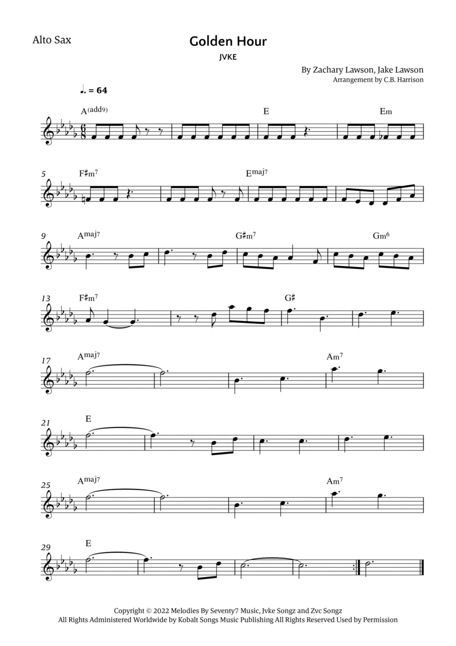 Golden Hour Golden Hour Alto Saxophone scores gallery preview page 1