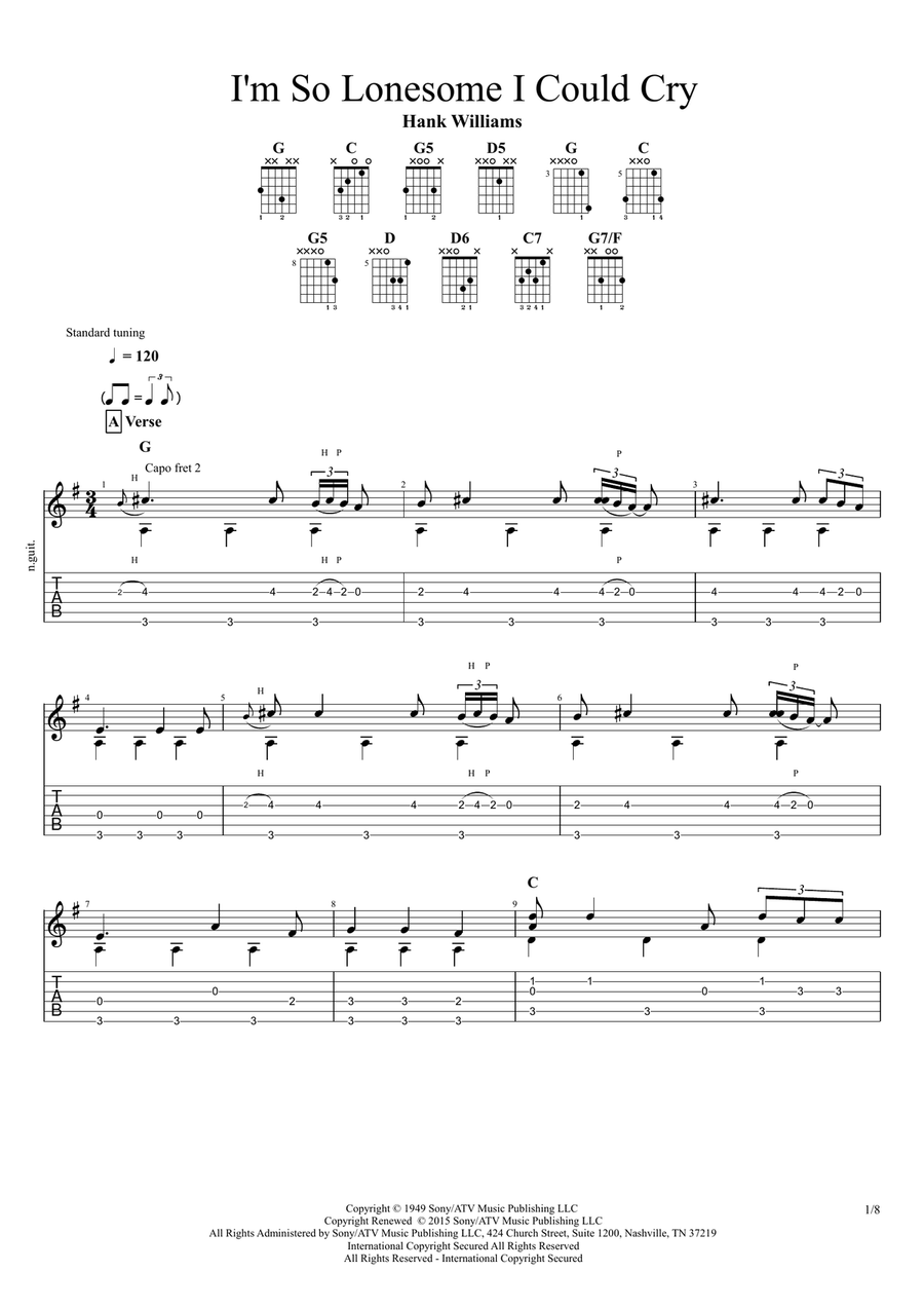 I'm So Lonesome I Could Cry Guitar Tablature scores gallery preview page 1