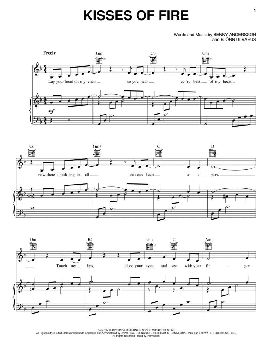 Kisses Of Fire (from Mamma Mia! Here We Go Again) Piano, Vocal, Guitar scores gallery preview page 1
