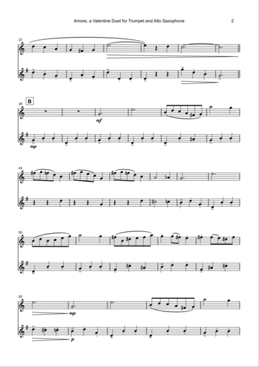 Amore, (Italian for Love), Trumpet and Alto Saxophone Duet Saxophone Duet scores gallery preview page 3