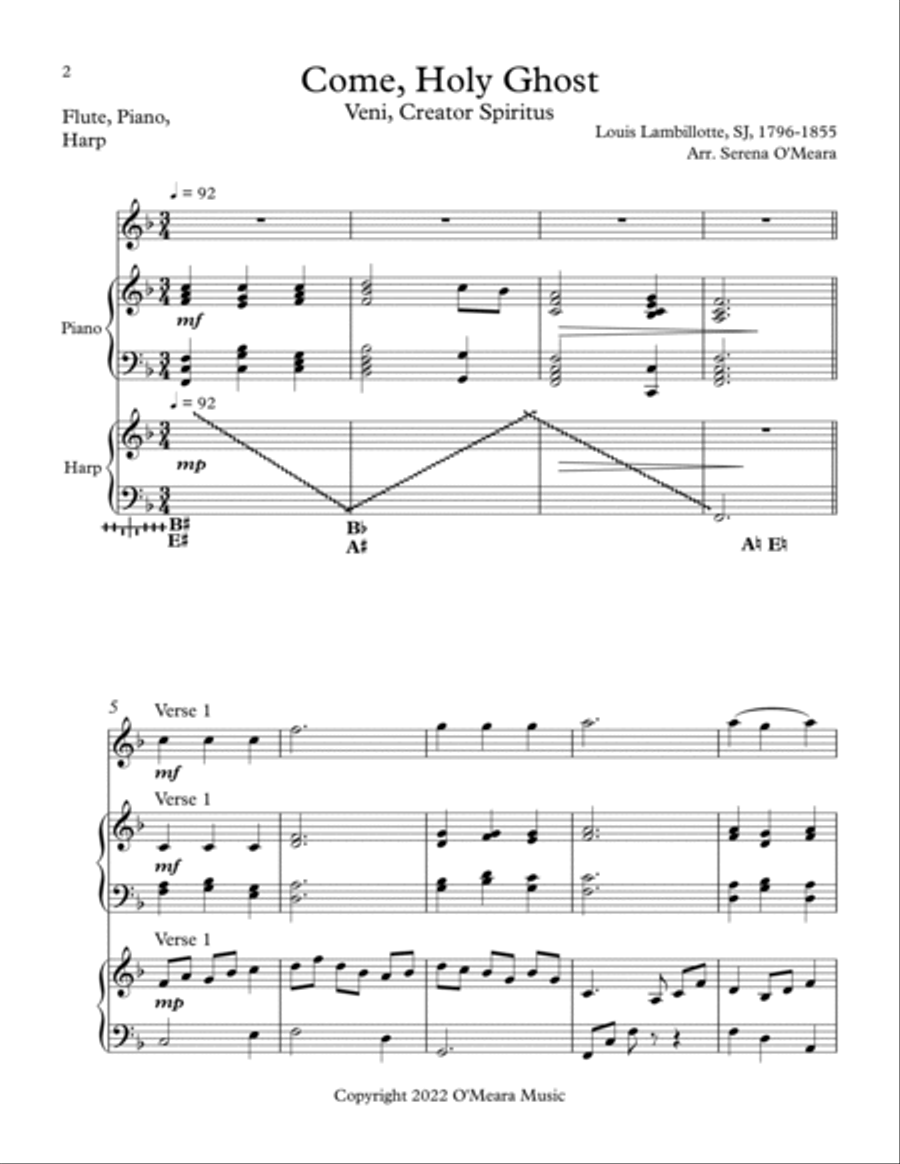 Come, Holy Ghost, Trio for Flute, Harp, Piano Flute Solo scores gallery preview page 2