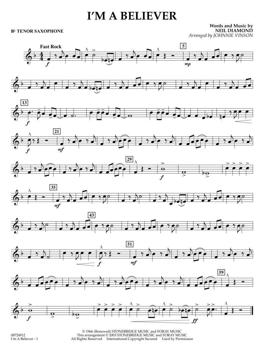 I'm a Believer (arr. Johnnie Vinson) - Bb Tenor Saxophone Concert Band scores gallery preview page 1