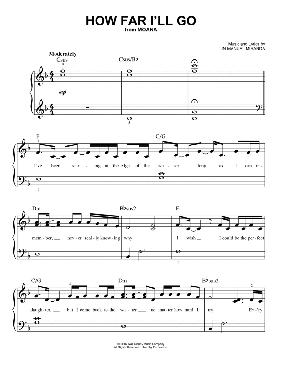 How Far I'll Go (from Moana) Easy Piano scores gallery preview page 1