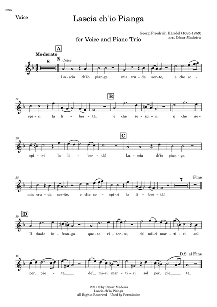 Lascia Ch'io Pianga - Voice and Piano Trio (Individual Parts) image number null