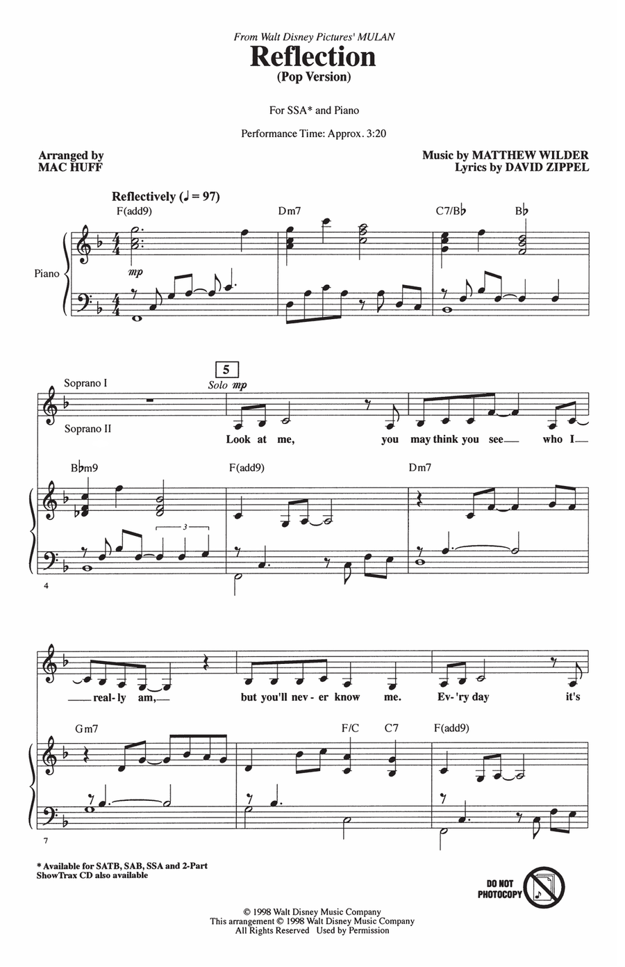 Reflection (Pop Version) (from Mulan) (arr. Mac Huff) SSA scores gallery preview page 1