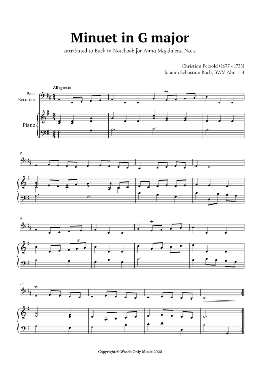 Minuet in G major by Bach for Bass Recorder and Piano Bass Recorder scores gallery preview page 2