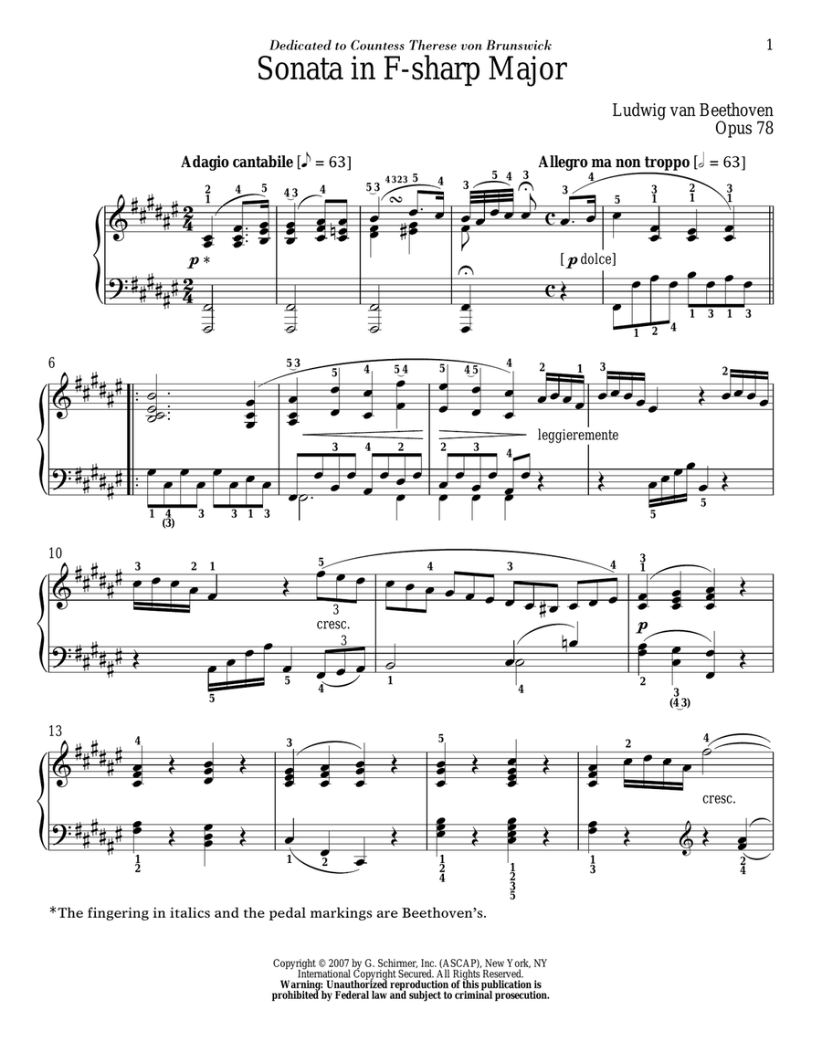 Piano Sonata No. 24 In F-Sharp Major, Op. 78 Piano Solo scores gallery preview page 1
