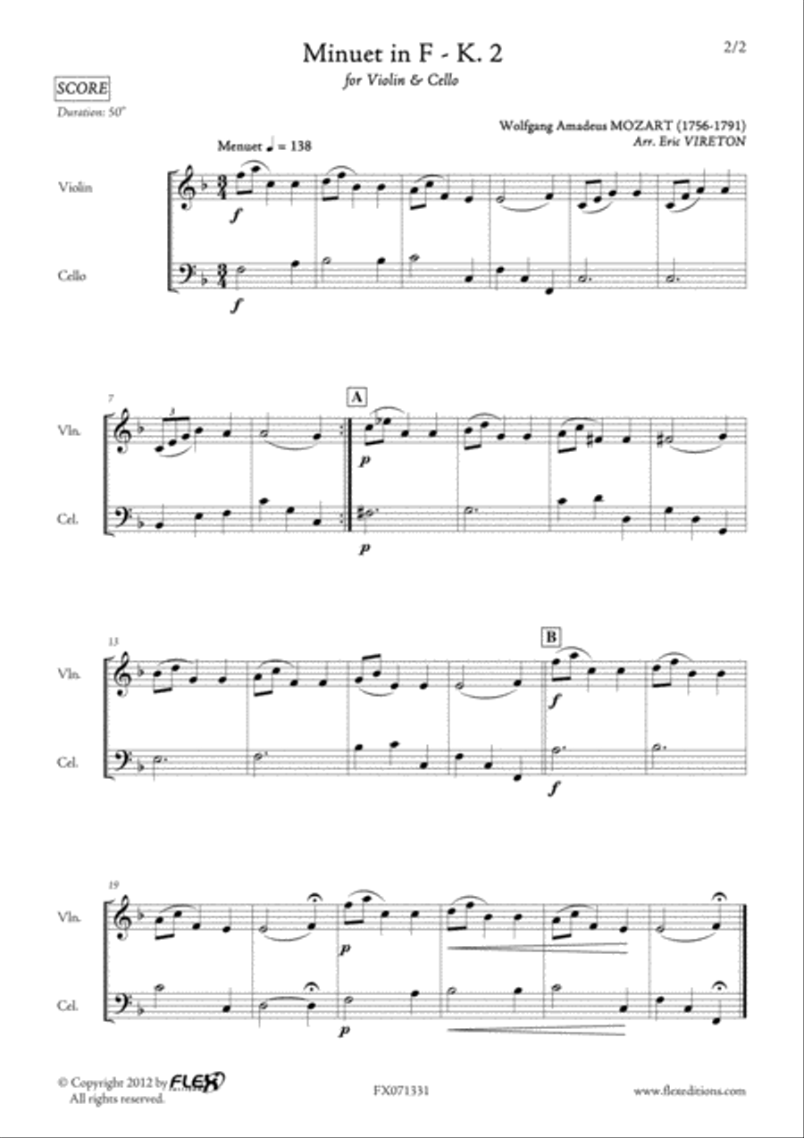 Minuet in F - K. 2 String Duet scores gallery preview page 2