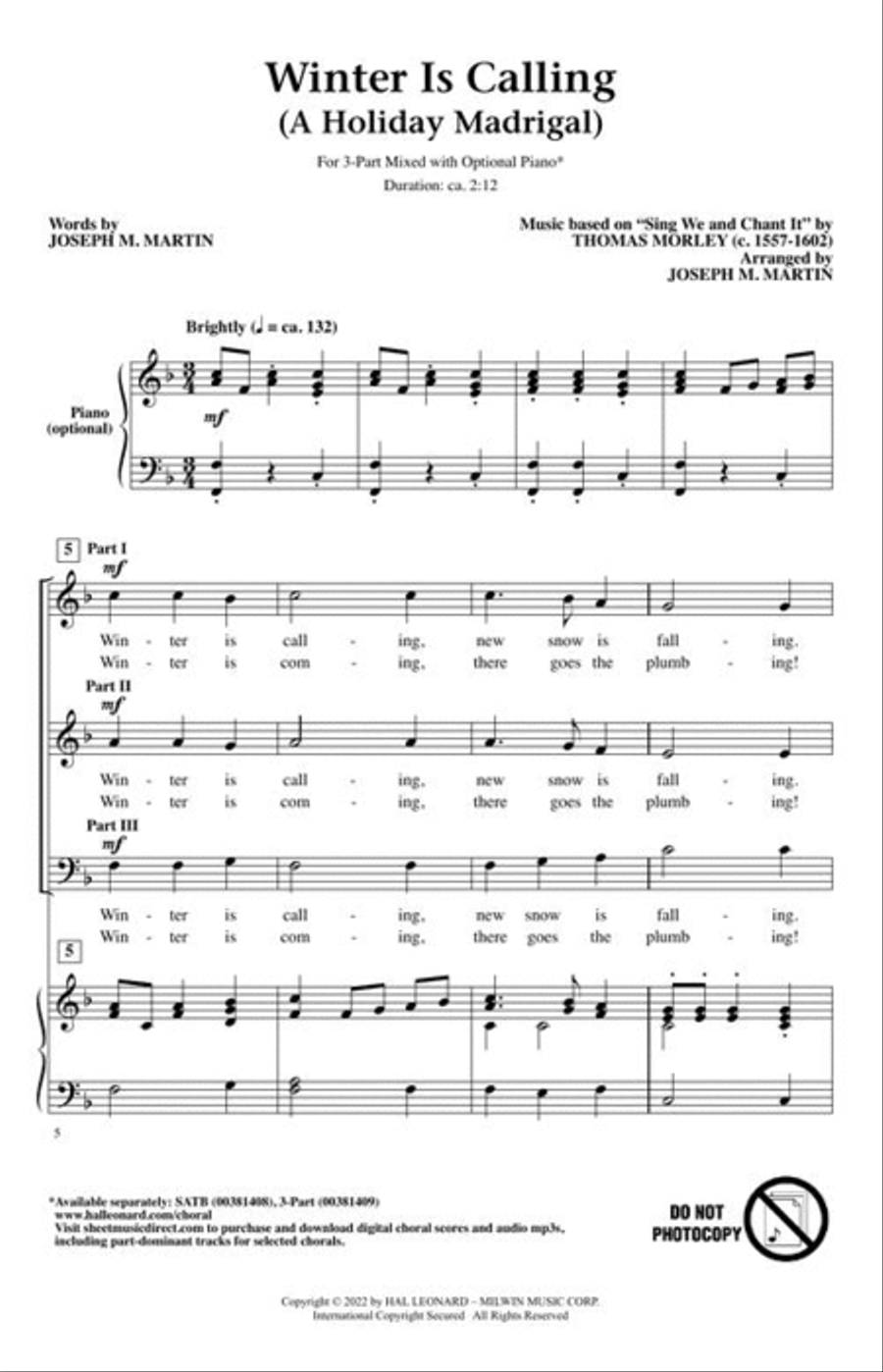 Winter Is Calling (A Holiday Madrigal) 3-Part scores gallery preview page 3