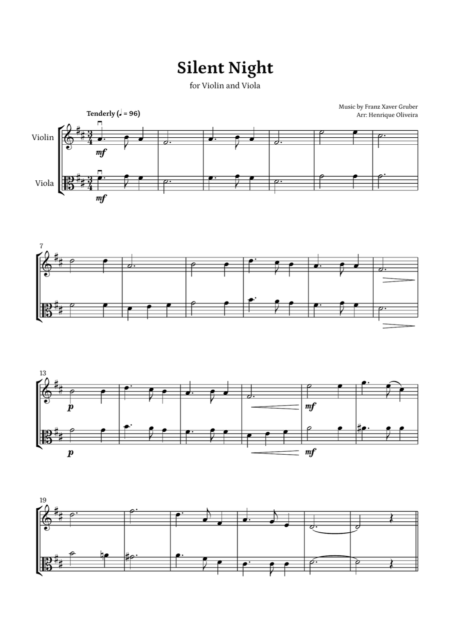 Silent Night (Violin and Viola) - Beginner Level String Duet scores gallery preview page 1