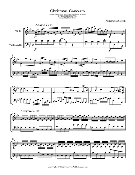 CHRISTMAS CONCERTO - Adagio & Allegro - STRING DUO - (Violin and Cello) Concerto VIII Op. 6 No. 8, F image number null
