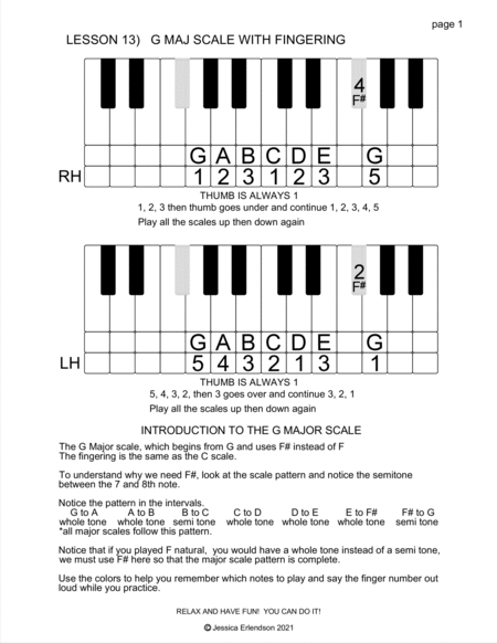 Music Theory Colouring Booklet lesson 13 - the G maj scale complete with fingering and triads