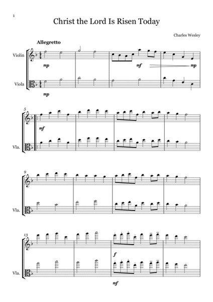 Christ the Lord is Risen Today (Jesus Christ is Risen Today) in F Major for Violin and Viola duo. In by Charles Wesley String Duet - Digital Sheet Music