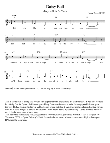 Daisy Bell -- Bicycle Built for Two (lead sheet with 3 verses and