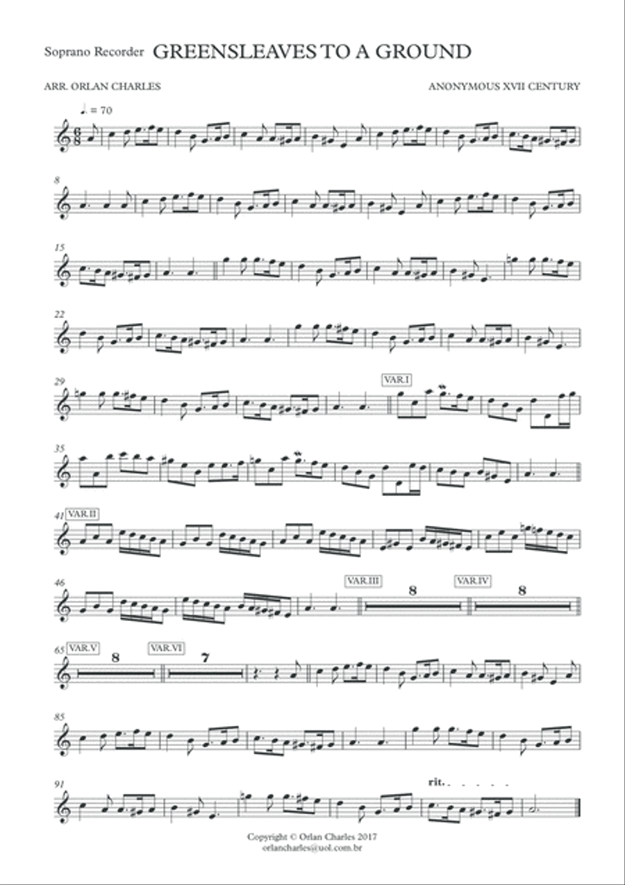 Anonymous - Greensleaves to a Ground - for recorder quartet and piano (harpsichord) Woodwind Quartet scores gallery preview page 3