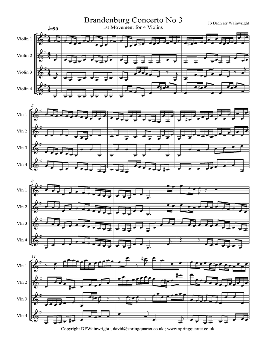 Brandenburg Concerto No. 3 by JS Bach for Four Violins with score & parts Violin Solo scores gallery preview page 1