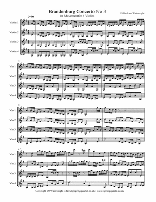 Brandenburg Concerto No. 3 by JS Bach for Four Violins with score & parts
