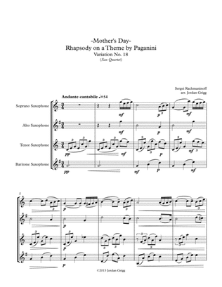 Book cover for Mother's Day-Rhapsody on a Theme by Paganini Variation No.18 (Sax Quartet)