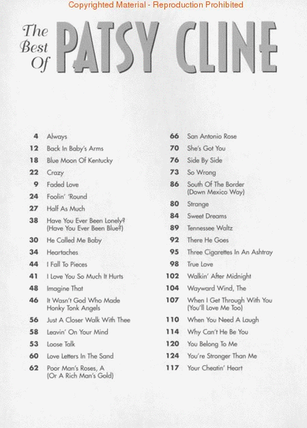 The Best of Patsy Cline by Patsy Cline Piano, Vocal, Guitar - Sheet Music