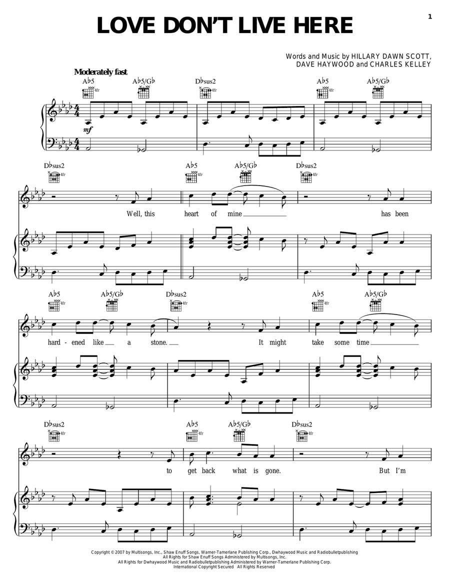 Love Don't Live Here Love Don't Live Here Piano, Vocal, Guitar scores gallery preview page 1