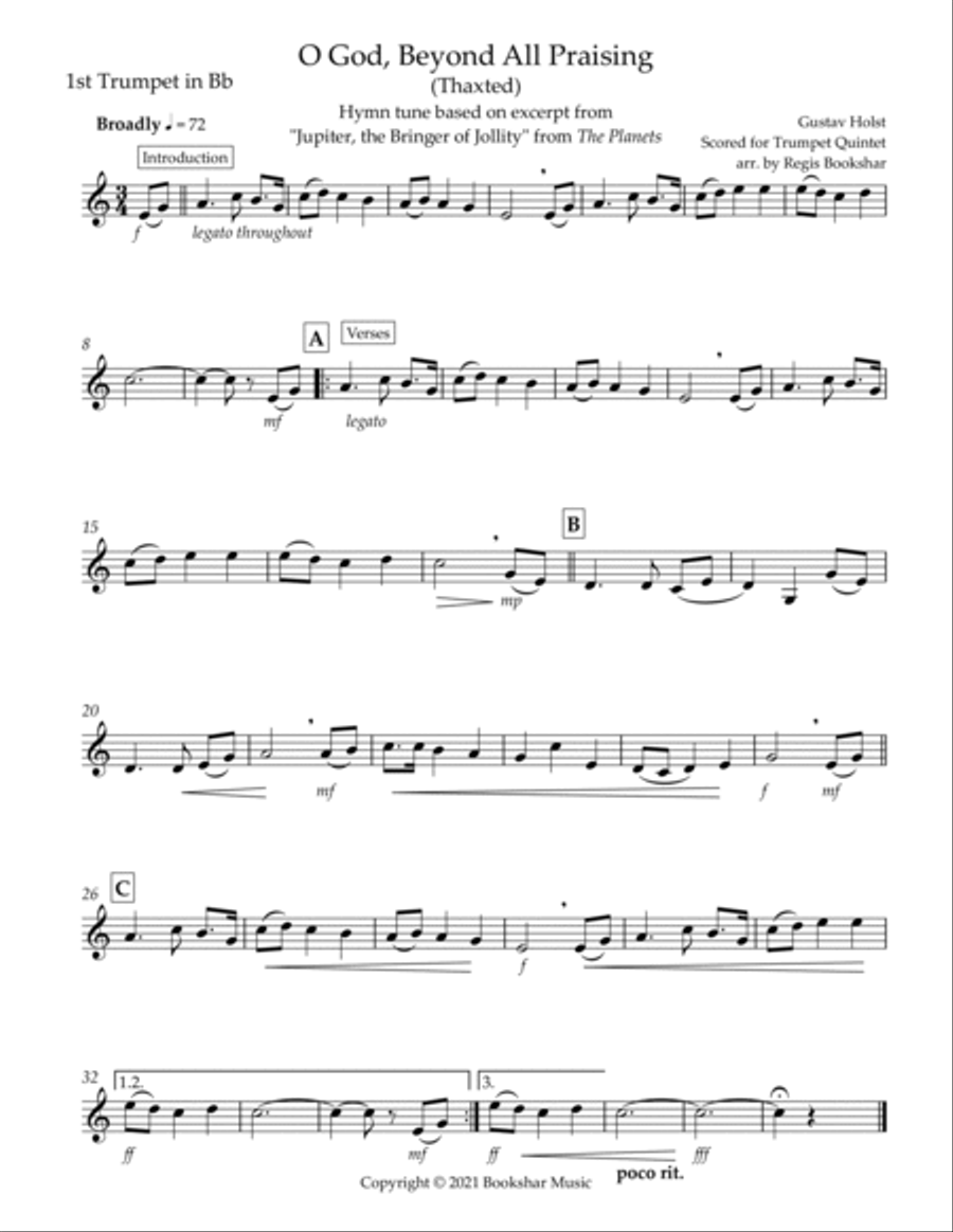 O God, Beyond All Praising (Thaxted) (Bb) (Trumpet Quintet) Brass Ensemble scores gallery preview page 5