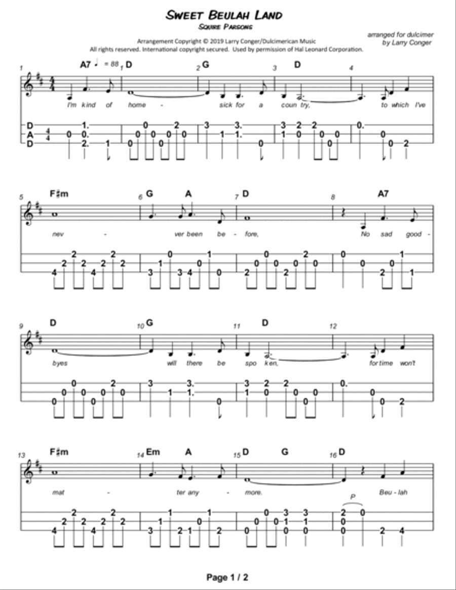 Sweet Beulah Land Dulcimer scores gallery preview page 2