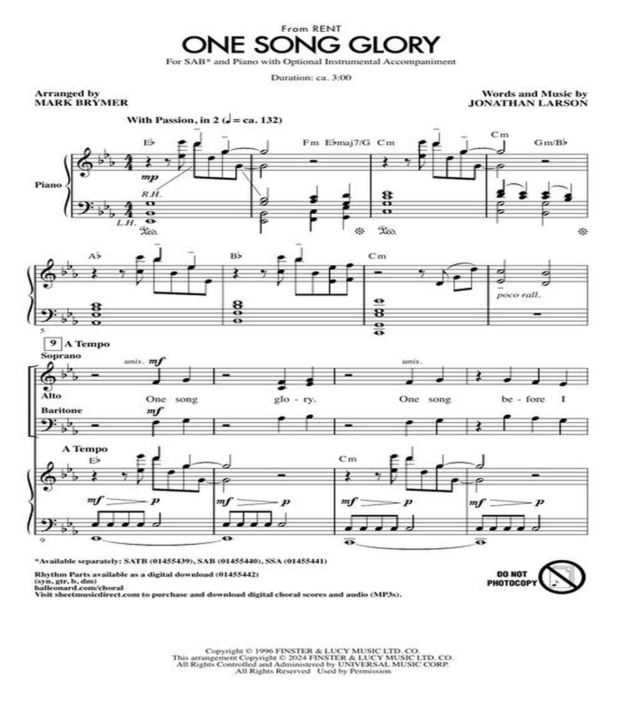One Song Glory (from Rent) 3-Part scores gallery preview page 3