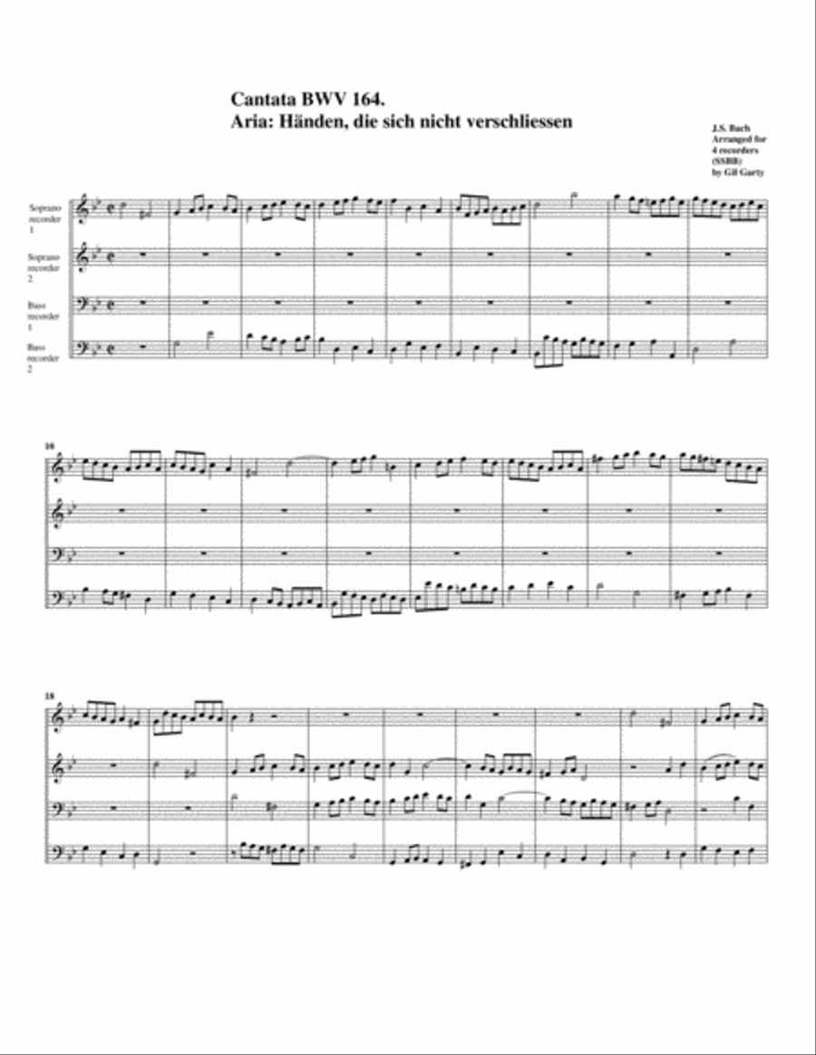 Aria: Händen, die sich nicht verschliessen from Cantata BWV 164 (arrangement for 4 recorders) Recorder scores gallery preview page 1