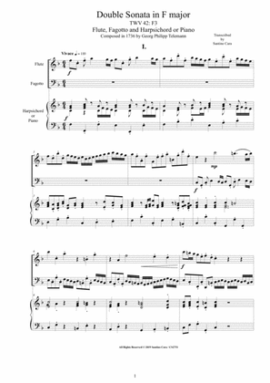 Telemann - Double Sonata in F major TWV 42-F3 for Flute, Fagotto and Harpsichord or Piano