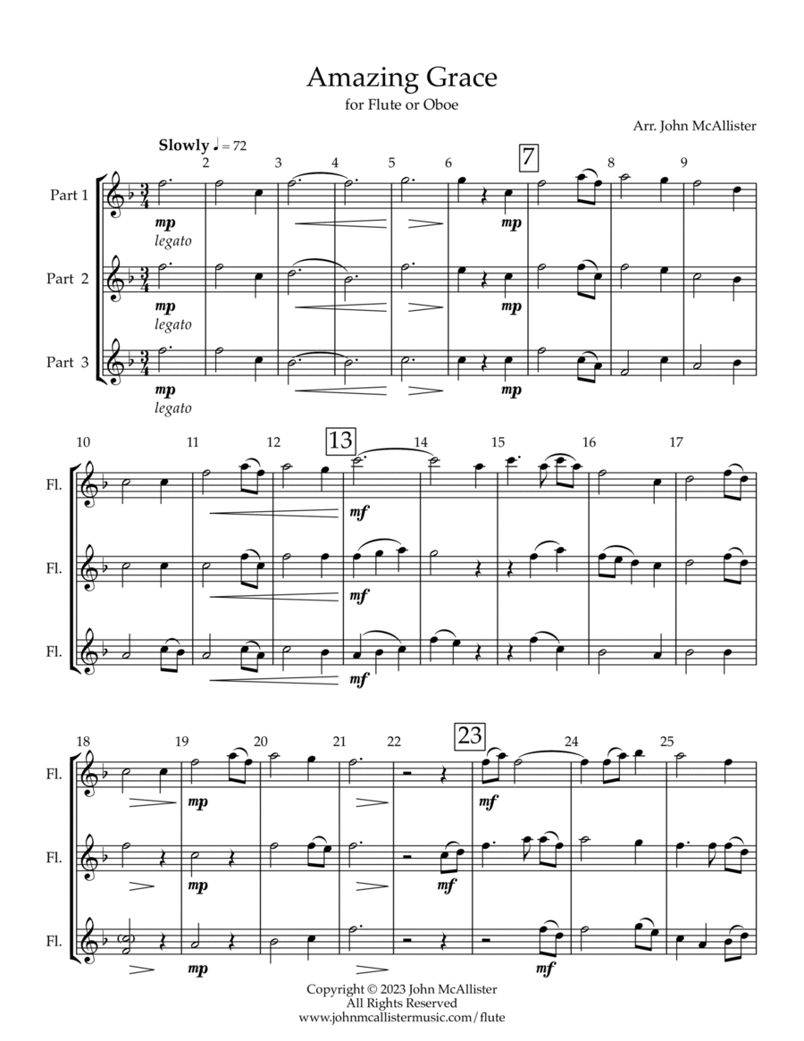 Amazing Grace for flute or oboe trio Woodwind Trio scores gallery preview page 1