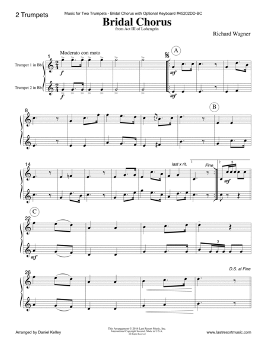 Bridal Chorus (Wedding March) from Lohengrin by Wagner for Two Trumpets with Optional Keyboard (Trum Trumpet Duet scores gallery preview page 3