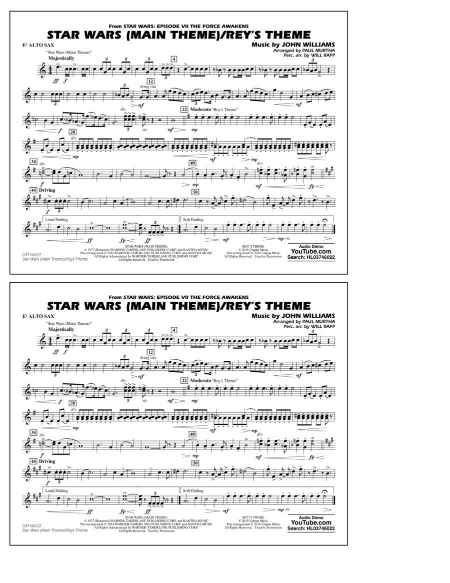Star Wars Main Theme/Rey's Theme (from The Force Awakens) - Eb Alto Sax Alto Saxophone scores gallery preview page 1