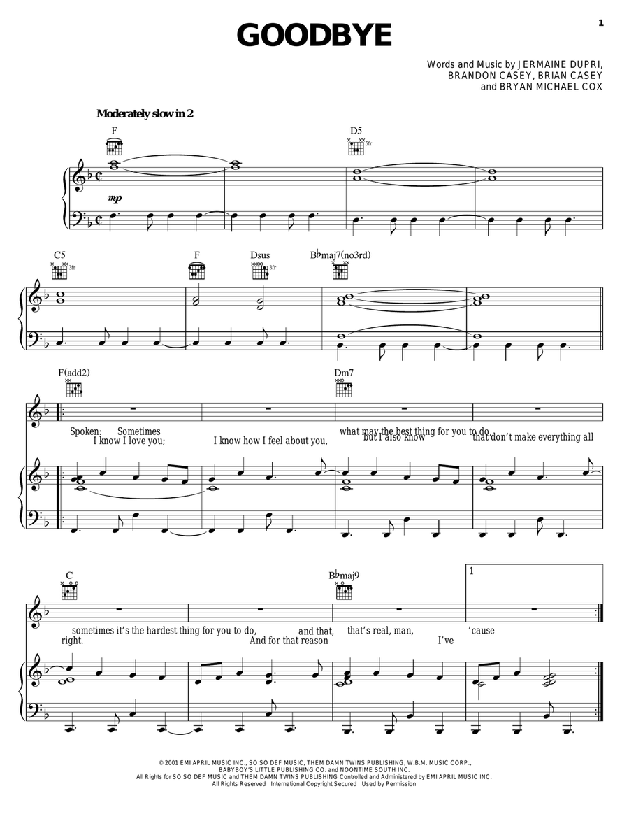 Goodbye Goodbye Piano, Vocal, Guitar scores gallery preview page 1
