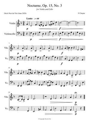 Book cover for Nocturne, Op. 15, no. 3 - F Chopin (Violin & Cello)