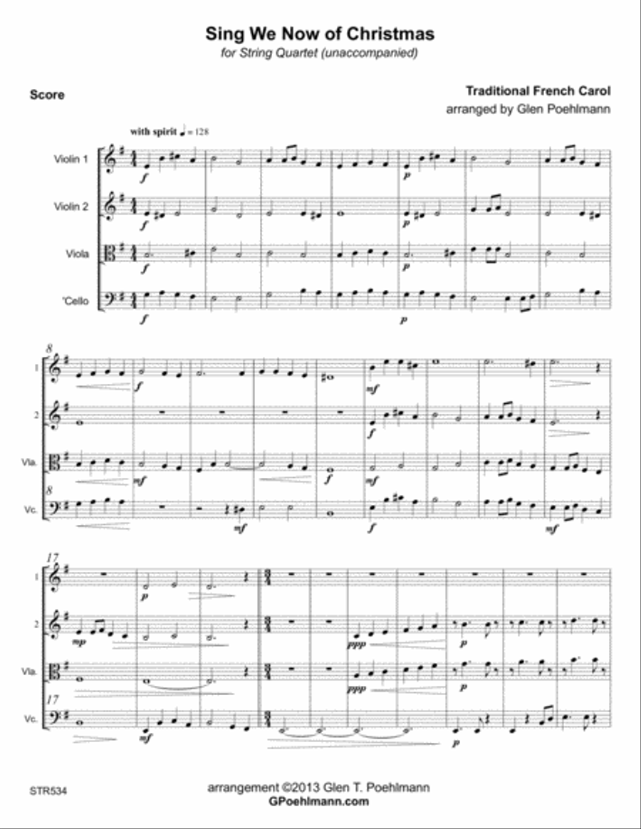 SING WE NOW OF CHRISTMAS arranged for STRING QUARTET (unaccompanied) A Cappella scores gallery preview page 1