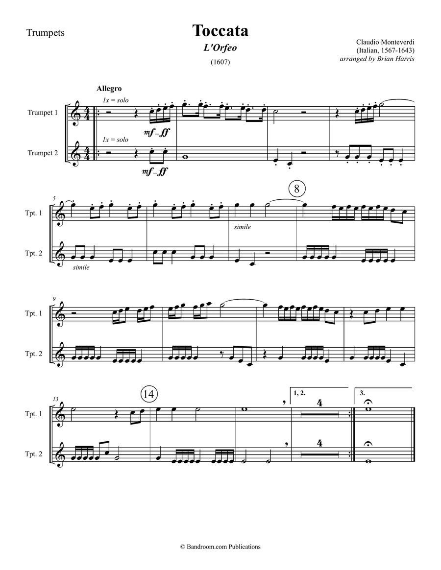 TOCCATA (fanfare) from L'ORFEO by Monteverdi - brass ensemble with opt. percussion - score & parts Brass Ensemble scores gallery preview page 5