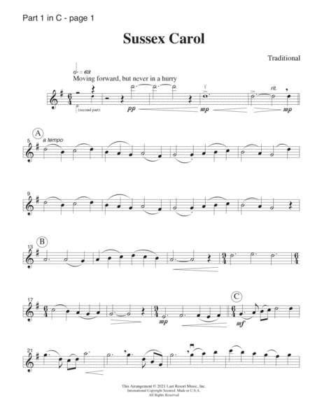 Sussex Carol for String Quartet or Wind Quartet (Mixed Quartet, Double Reed Quartet, or Clarinet Qua