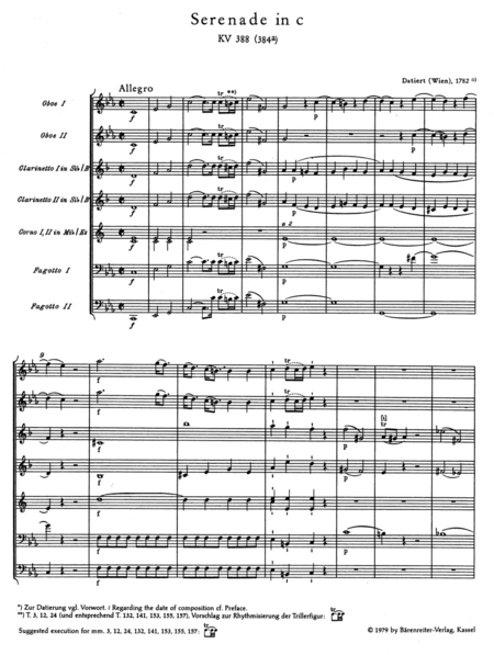 Nachtmusique fur zwei Oboen, zwei Klarinetten, zwei Horner und zwei Fagotte c minor KV 388 (384a)