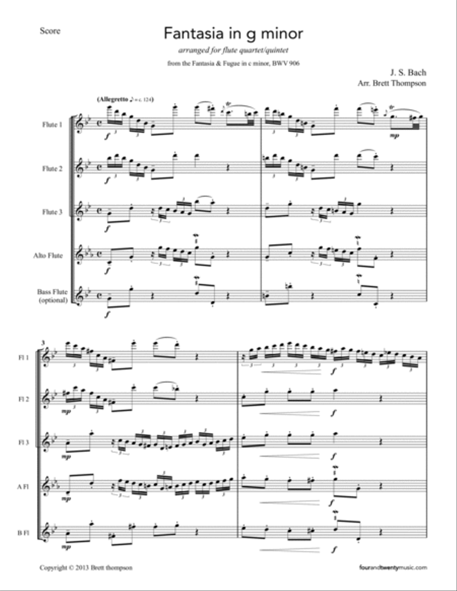 Fantasia in g minor, BWV 906, arranged for flute quartet or quintet Flute Quartet scores gallery preview page 2