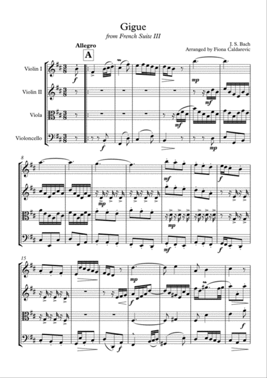 J.S. Bach - Gigue from French Suite III - for String Quartet String Quartet scores gallery preview page 2